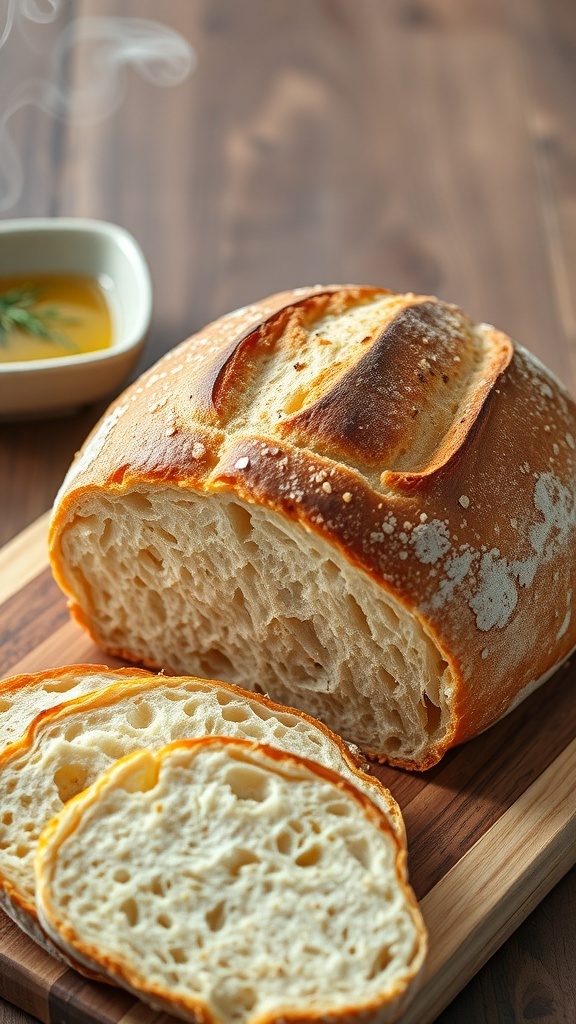 A golden-brown sourdough bread loaf with a rustic crust on a cutting board, with slices revealing the airy interior.
